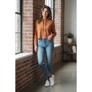 Nike Womens Ribbed Cropped Hoodie Burnt Orange Rust Small Cotton Pullover Swish